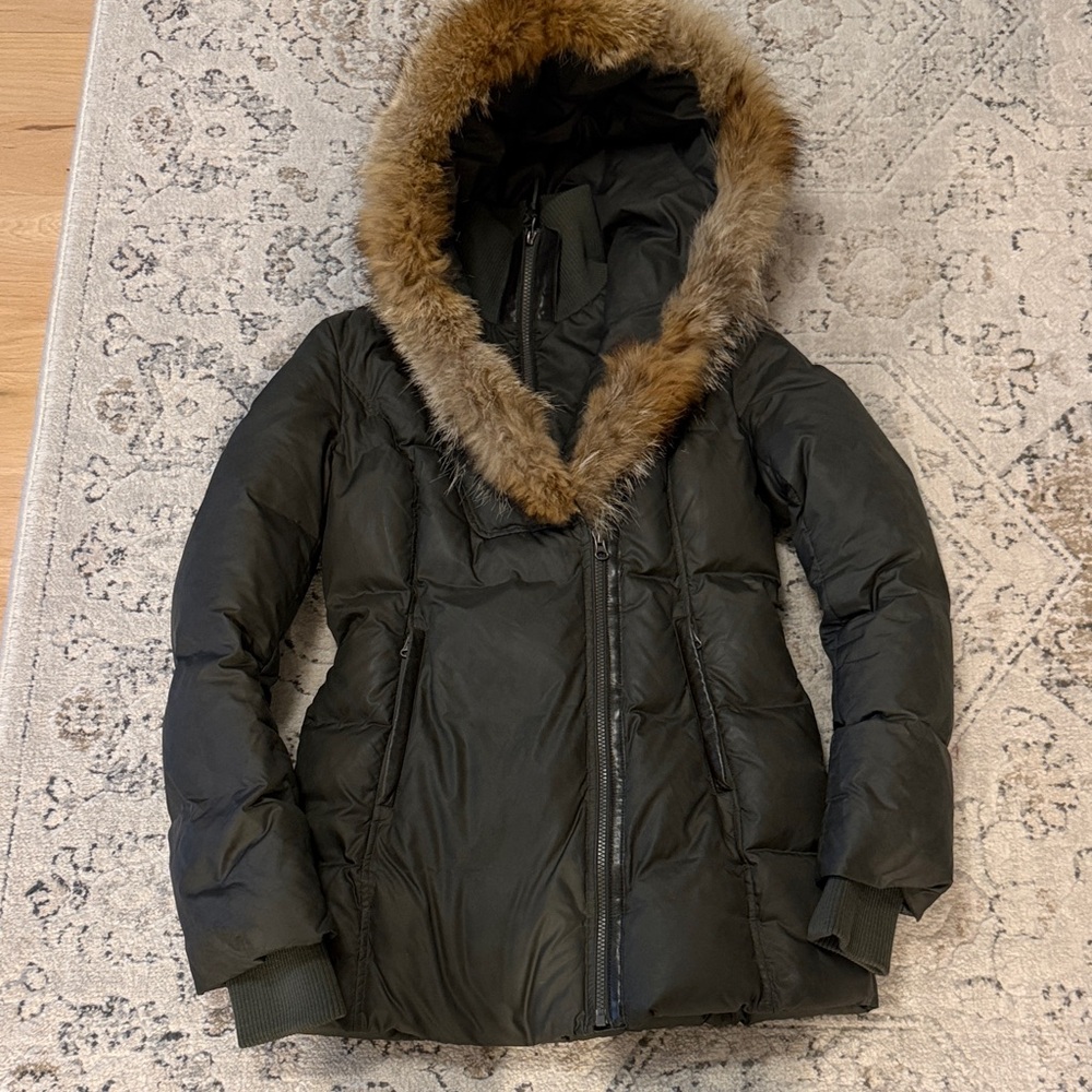 Mackage dark green Hooded Puffer Jacket with Fur Trim